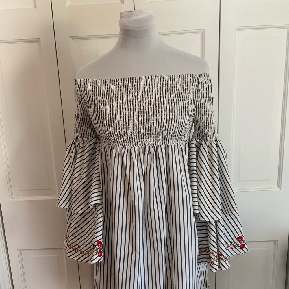 Off the shoulder, striped dress bell sleeves size Medium
